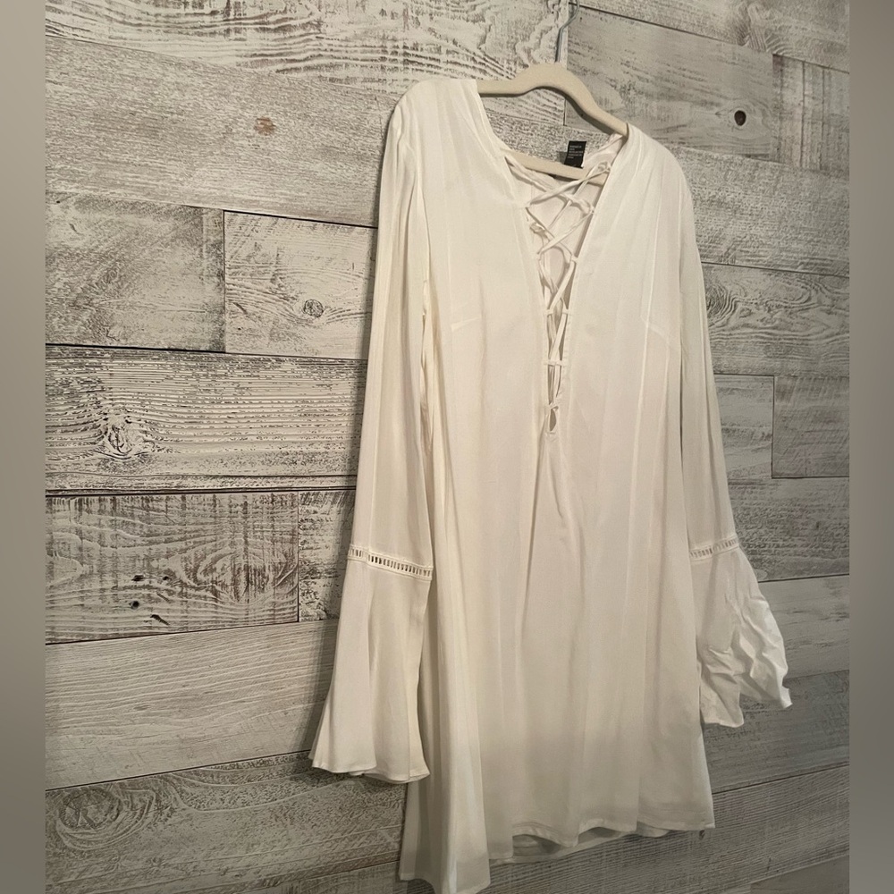 Forever 21 white lace up shift dress with bell sleeves- NWT